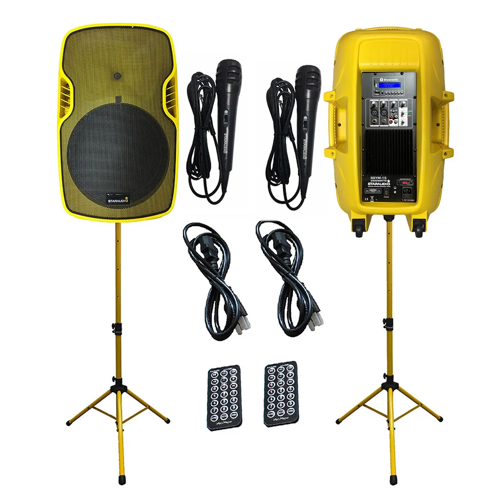 

STARAUDIO Pair Yellow 15" 3500W Powered Active PA DJ Stage USB BT Speakers Audio Party Speaker Stands Wired Microphones SSYM-15