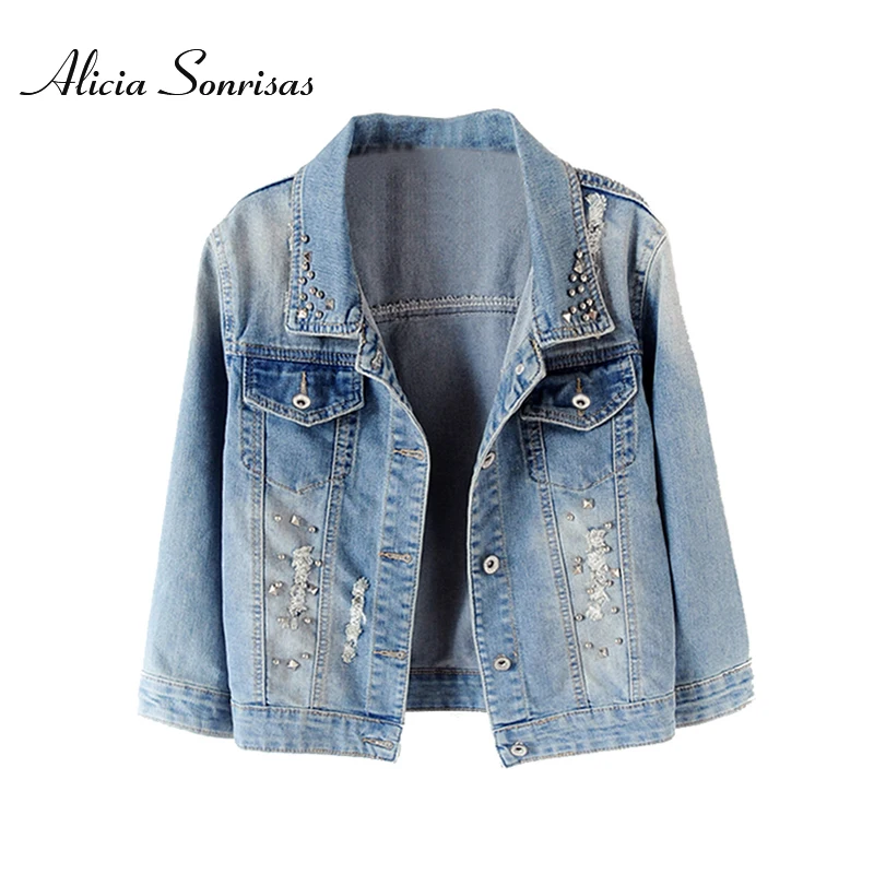 

Spring and Autumn Korean Slim Stretch Short RivetS Holes Sleeve Denim Jacket Women Thin Rivets Jeans Jacket For Women