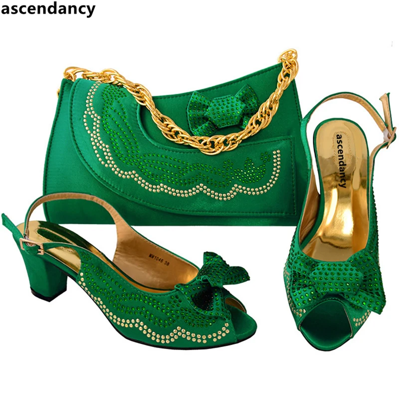 

New Green Color Italian Shoes and Bag Set Decorated with Appliques High Quality African Matching Shoes and Bags Italian In Women
