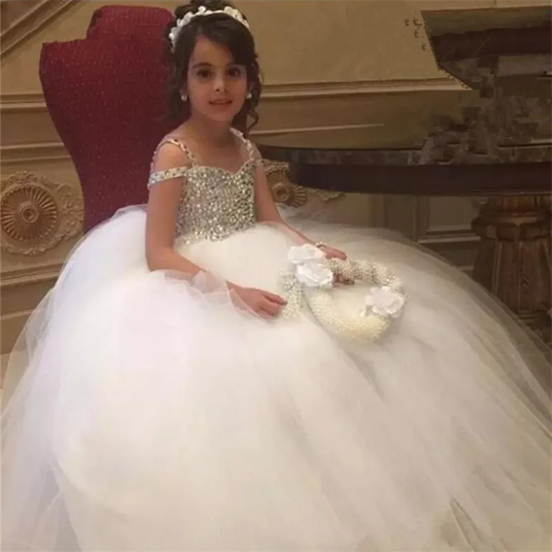 Luxury High Quality Flower Girls Dresses for Weddings Puffy Tulle Beading Crystal Girls First Communion Dresses Pageant Gown