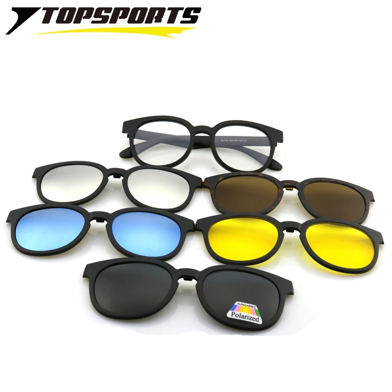

TOPSPORTS 5 lenses Polarized Clip On Sunglasses Men women optical round myopia TR90 frame Glasses driving Magnet prescription