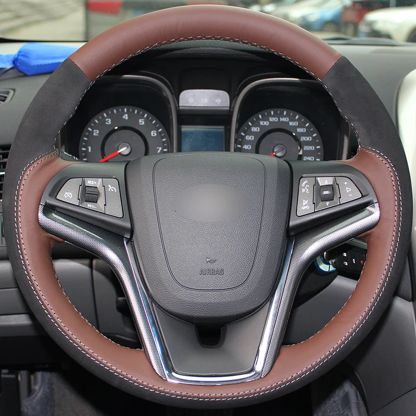 Coffee Natural Leather Black Suede Car Steering Wheel Cover for