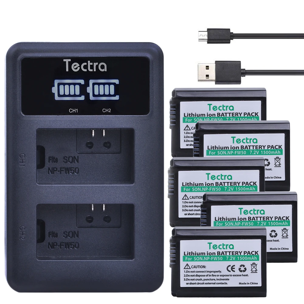 Tectra 5PCS NP FW50 NPFW50 аккумулятор + светодиодный дисплей USB двойное зарядное устройство