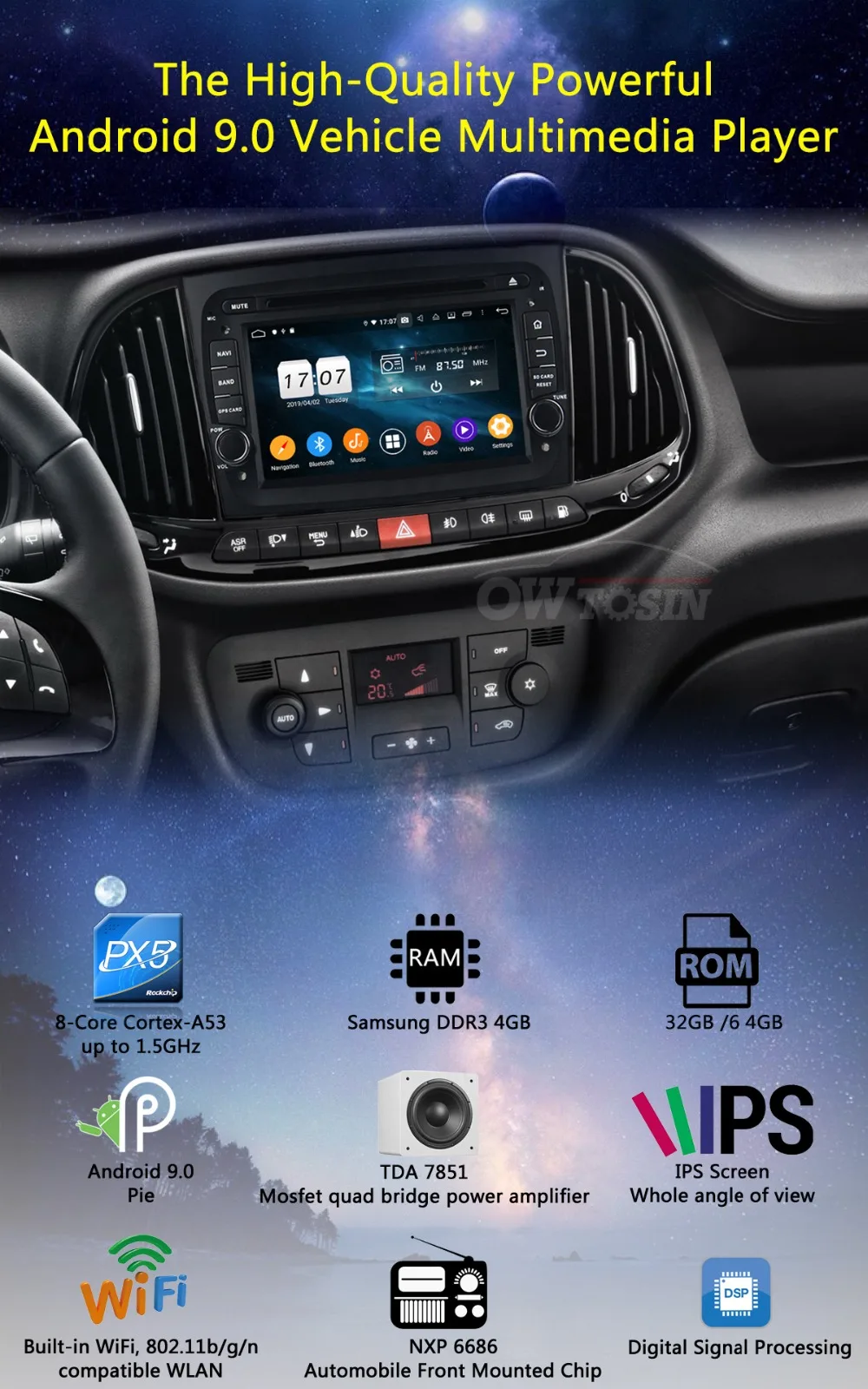 Perfect 7" IPS 8 Core 4G RAM+64G ROM Android 9.0 Car DVD Player For Fiat Doblo II 2015-2018 CarPlay Parrot BT Radio Adas Multimedia 1