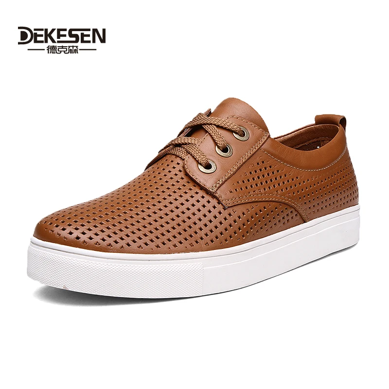 

Dekesen Brand Man hollow out air hole hole shoes lace-up Genuine leather Causal Flat Shoes Large size 45-52 Men's single shoes