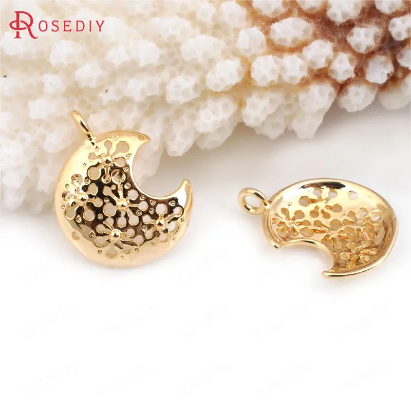

(33501)6PCS 18*14MM 24K Gold Color Brass with Flower Moon Charms Pendants High Quality Diy Jewelry Findings Accessories