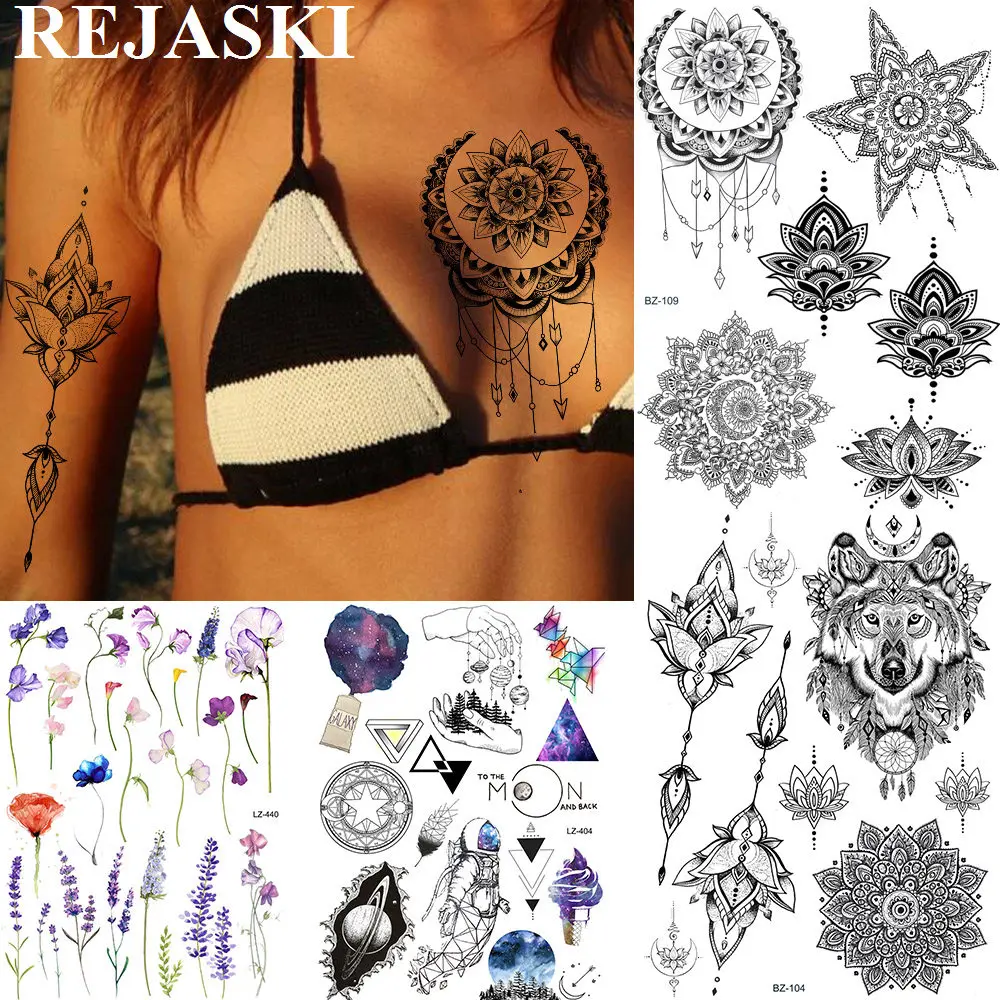 Rejaski Lotus Star Mandala Flower Temporary Tattoos For Women Men Sticker Black Henna Sexy Tatoos Pendant Art Custom Tattoo Temporary Tattoos Aliexpress