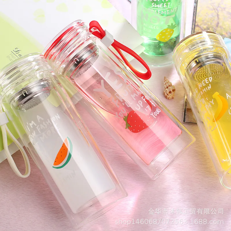 

Creative Double Pineapple Glass water bottle Female Portable Hot-resistant Fruit Tea Cup Summer Strawberry Water Cup Gift