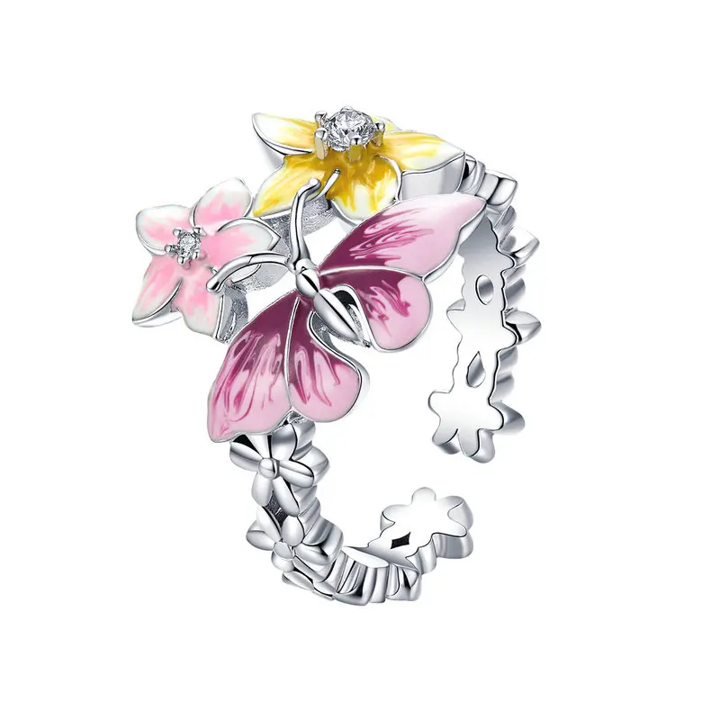 

925 Sterling Sterling Rings For Women Butterfly Pink Gradient to White Yellow Flowers 925 Wedding Ring Engagement Rings Jewelry