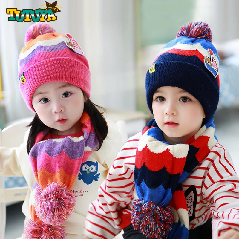 

1-4 Years Old Children Winter Hat Scarf Set Kids Warm Fur Pom Pom Caps Baby Boys Girls Double-deck Knitted Hats Long Scarves