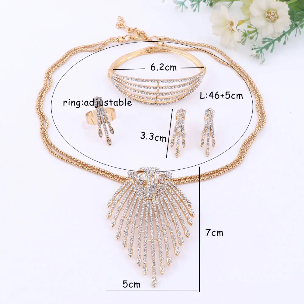 Kaufen Feine Afrikanische Perlen Schmuck Sets Halskette Armband Ohrringe Ringe Kristall Party Hochzeit Gold Farbe Braut Kragen Zubehör Sets