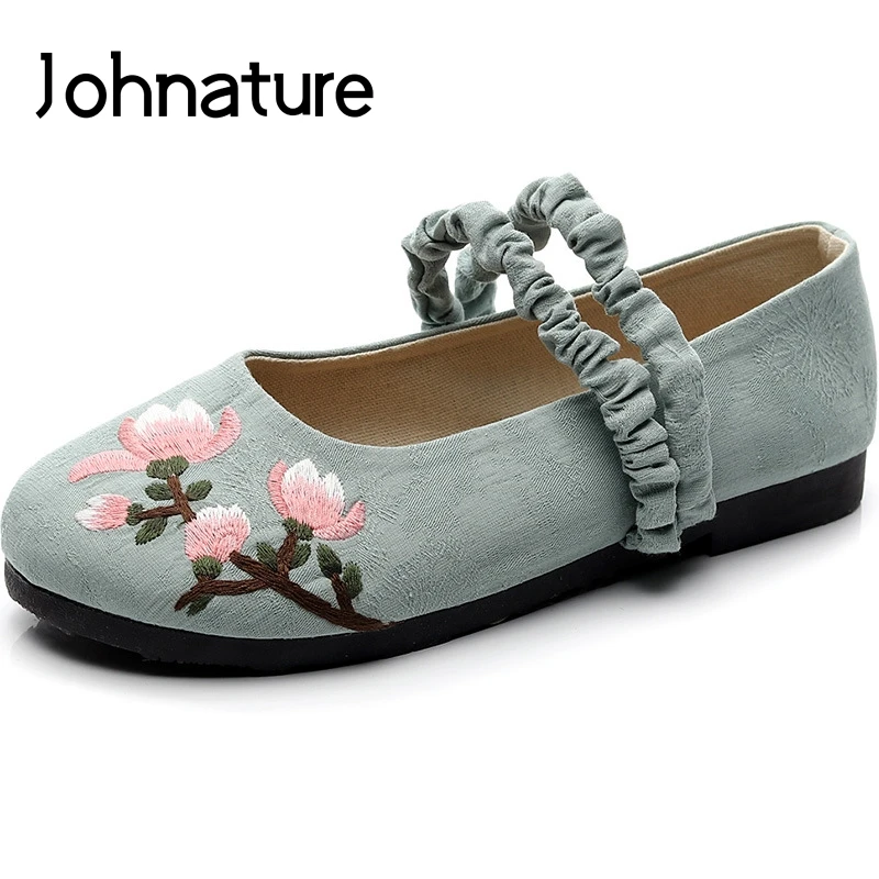

Johnature Cotton Linen Flats Shoes Casual Floral Elastic Band Round Toe Spring/Autumn Embroider National Style Women Shoes