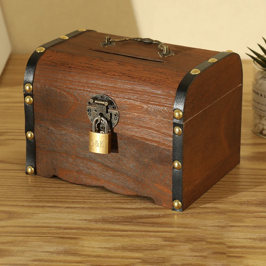 Retro Wooden Piggy Bank Wood Carving Handmade Safe Money Saving Suitcase Box 