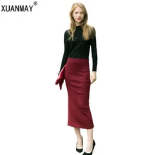 2017 new knitted Skirt female high elastic soft and comfortable pure color high waist pleated skirt sexy package hip Wool skirt