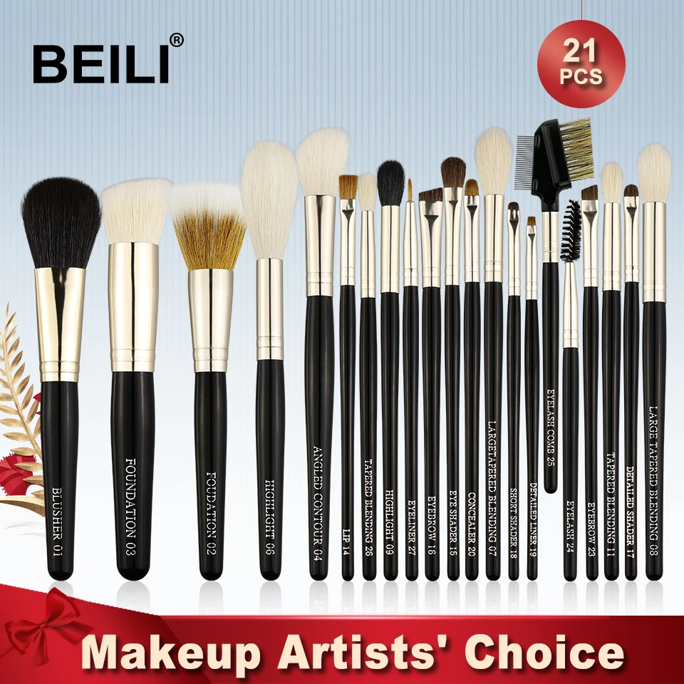 

BEILI Weasel Goat Hair Horse Synthetic Blusher Powder Foundation Eye shadow liner Lip 21Pcs Professional Makeup Brushes Set