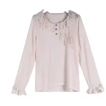 Женская хлопковая Футболка с кружевом «кроше», женская трикотажная рубашка с кружевными оборками, Повседневная рубашка, милая футболка с длинным рукавом для девочек, туника, топы