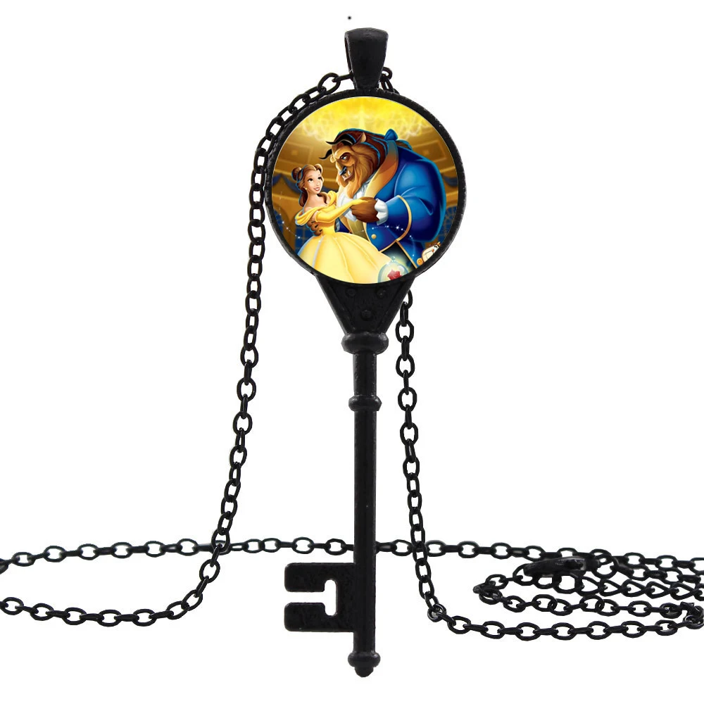 

Beauty And The Beast Key Chains 2019 New Fashion Antique Copper Silver Glass Key Necklace For Women