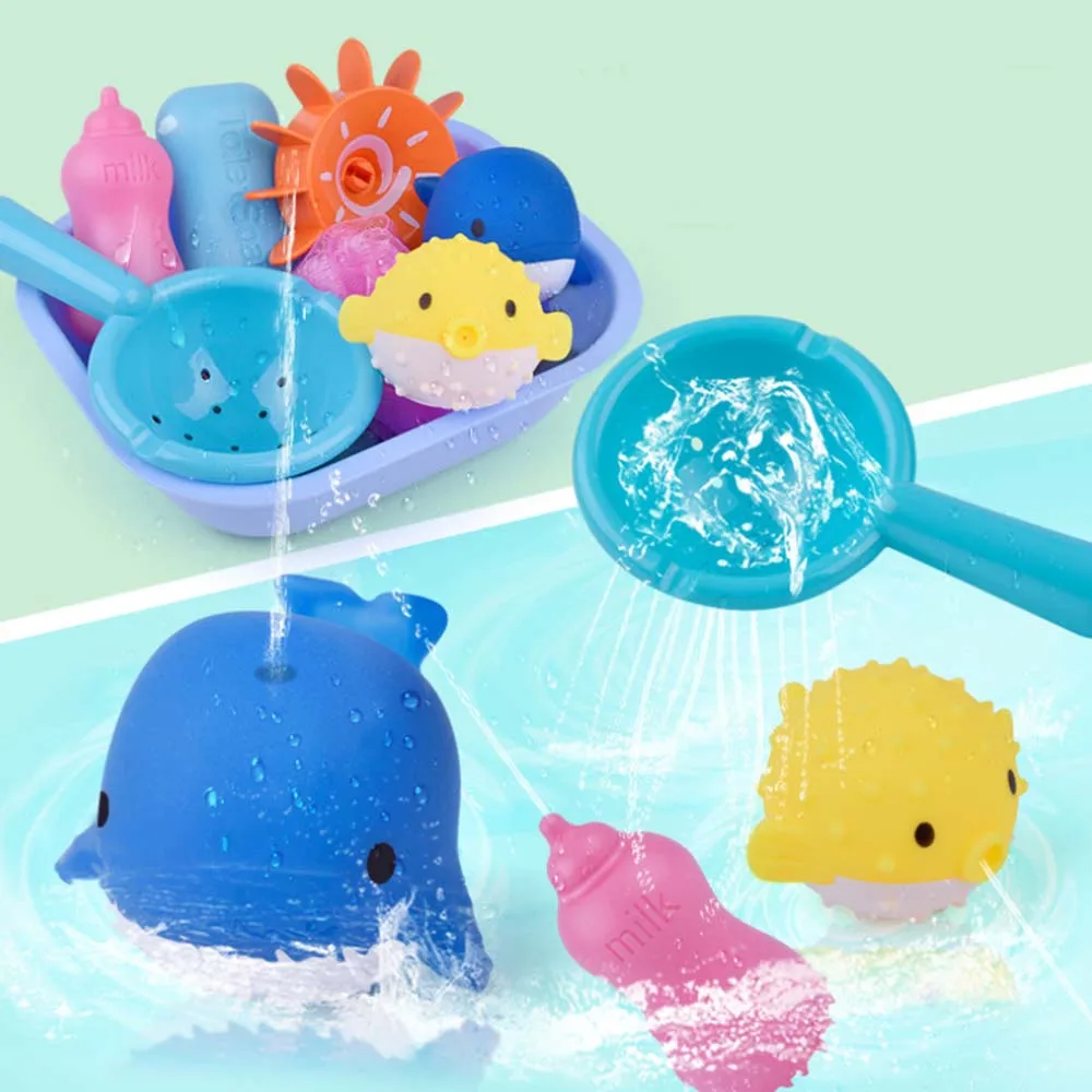 MrY 8 Pcs Silicone Baby Bath Toys Set Sprinkler Bathroom Water Spray Squeeze Toys Soft Rubber  Fishing Toys Play Animals Bath
