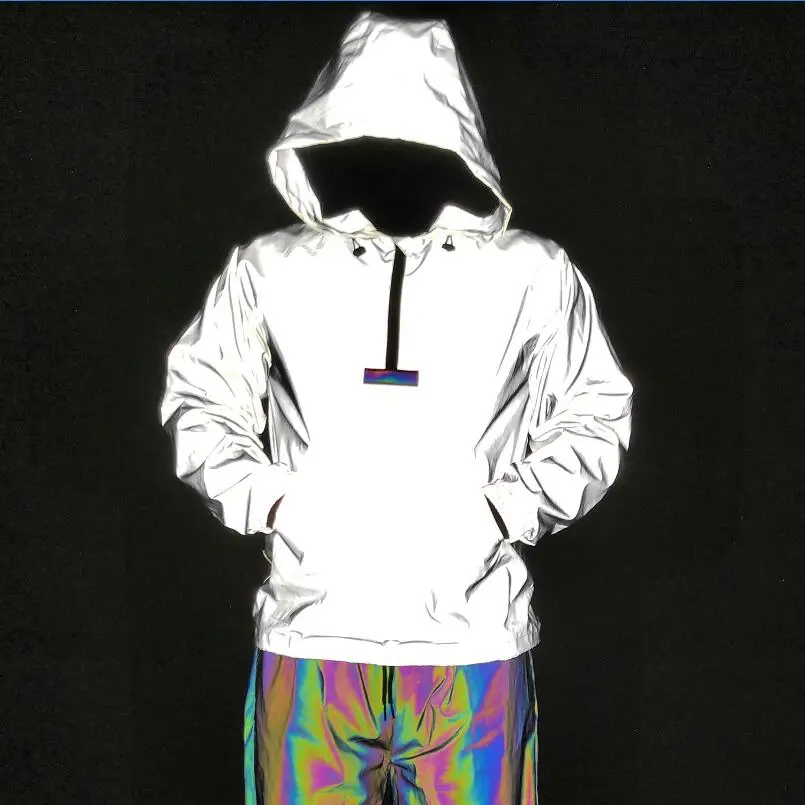 

Dropshipping men night reflective hip hop jacket colorful reflective ribbon patchwork pullover men plus size windbreaker