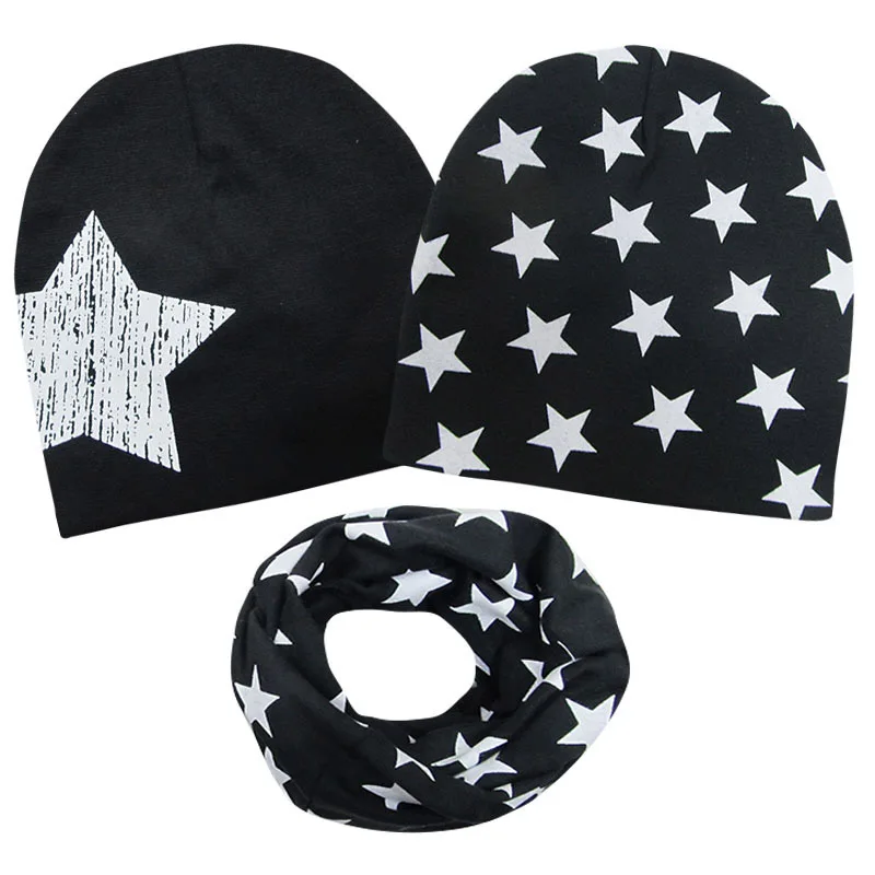 3Pcs/Set Cotton Baby Hat Scarf Autumn Winter Star Prints Children Scarf-Collar Beanie Baby Boy Girl Warm Cap Scarves