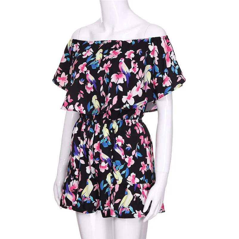 Fashion summer jumpsuit woman 2018 Off Shoulder Floral Bird Print Mini Playsuit Ladies Shorts Bodysuit pantaloni siamesi J21#N (8)