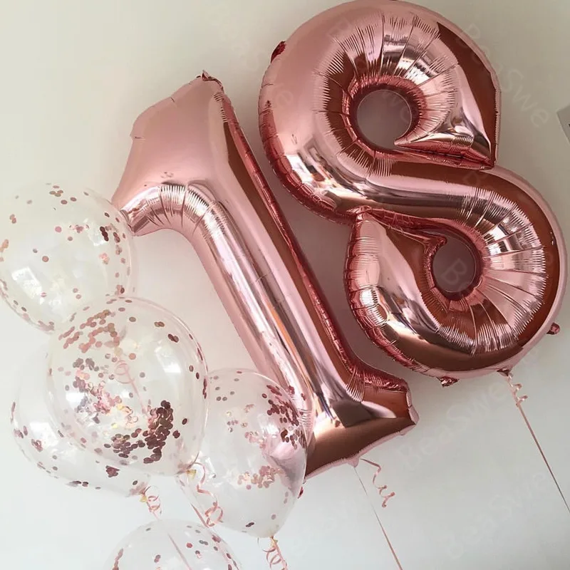 

7pcs/lot Large Size 32inch Rose Gold Foil 18 Number Balloon with confetti Adult Birthday Party Decor Anniversary Helium supplies