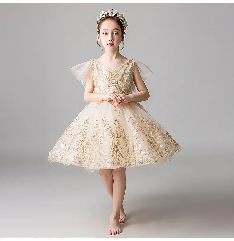 Gold Sequin Tulle Girls Party Dress Vneck Flower Girl Dress For