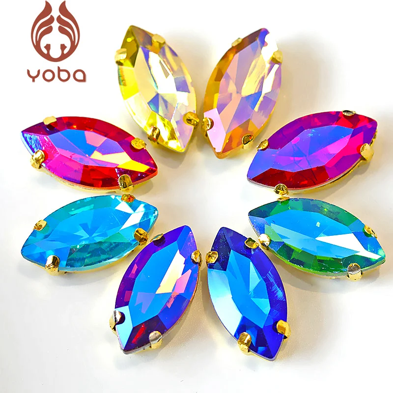 

Horse Eye AB Colors Glass Sew on Rhinestone With Gold Claw Flatback Crystal AB Navette Sew on Claw Rhinestones For Dress B1021