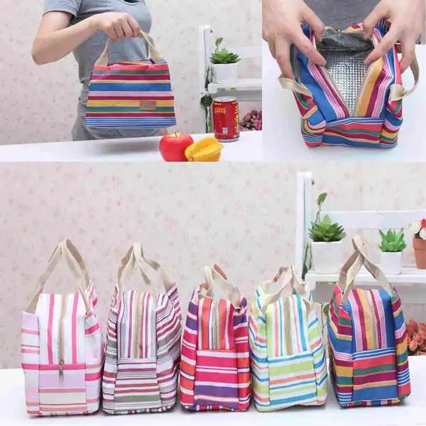 2015 New Portable Thermal Canvas Stripe Lunch Bags for Kids Children Lunchbox Picnic Cooler Bag Oxford Box Tourism Women Handbag | Багаж и