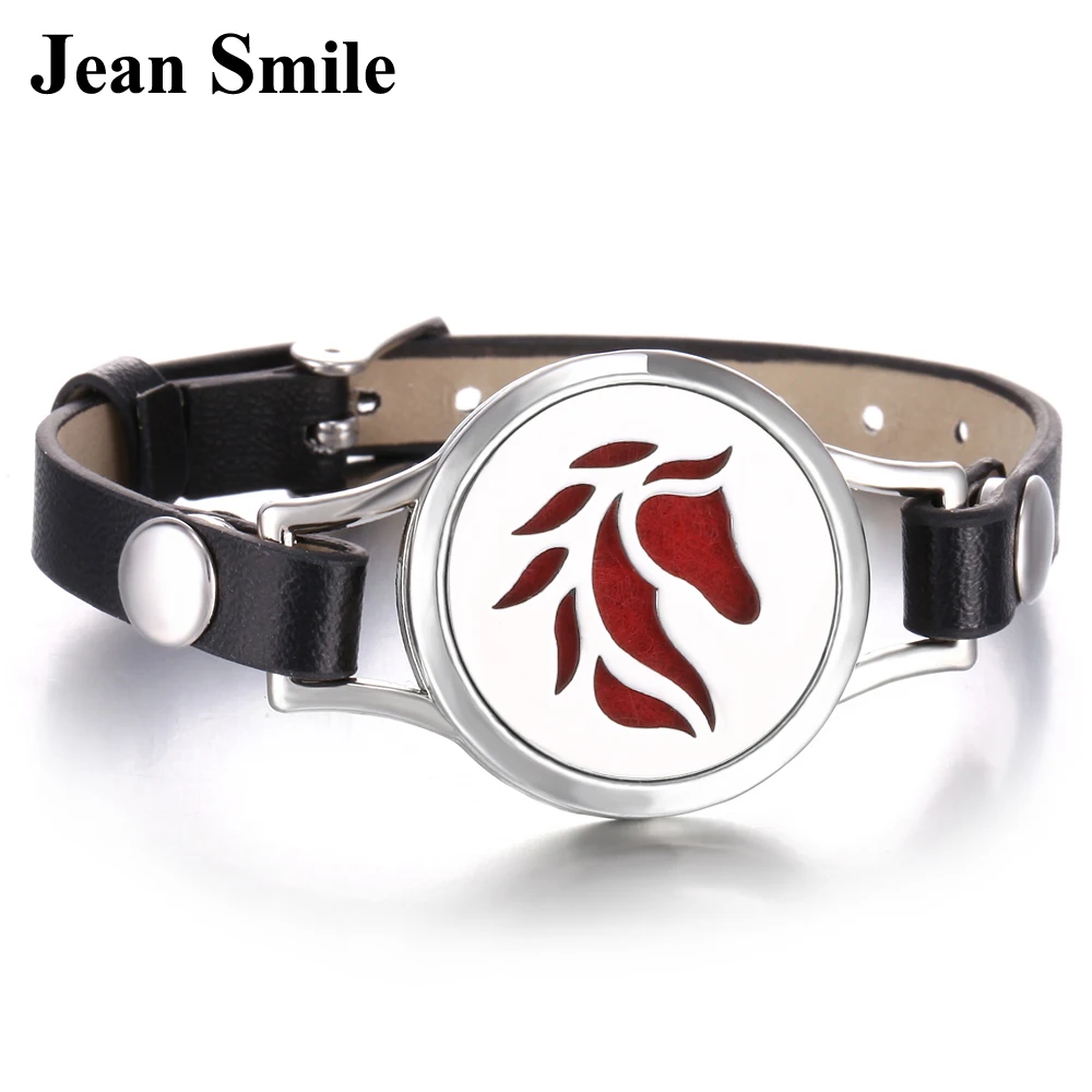 

New Horse Aromatherapy Bracelet Stainless Steel Essential Oil Diffuser Locket Black Leather Bracelet Wristbands with 10pcs Pads