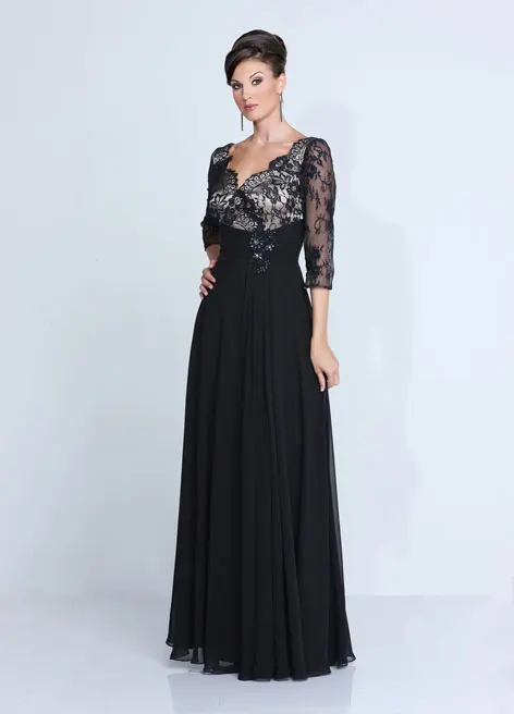 Free Shipping Custom Made A Line Deep V Neck 3/4 Sleeves Lace Beaded Chiffon Mother Of The Bride