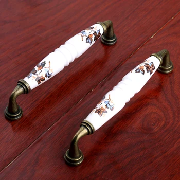 

128mm Retro style rustico rural ceramic wardrobe kitchen cabinet door handles bronze dresser cupboard pulls 5" red flower