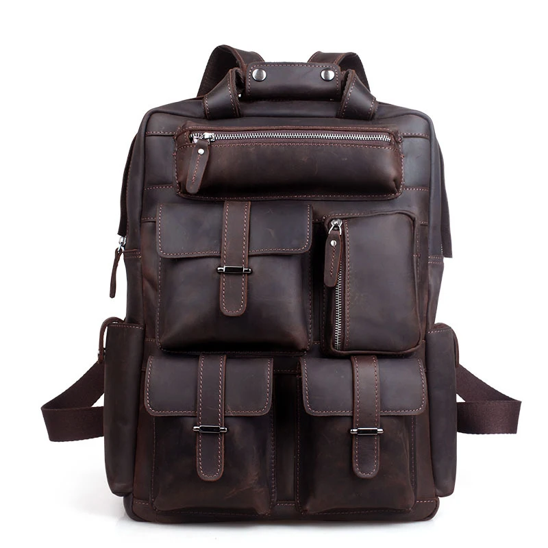 

Vintage Natural First layer cowhide Men's Fashion Pockets Backpack Genuine Leather Double Shoulder Bag Large Travel Satchel Bag