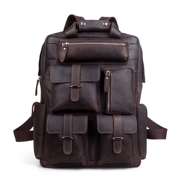 

Vintage Natural First layer cowhide Men's Fashion Pockets Backpack Genuine Leather Double Shoulder Bag Large Travel Satchel Bag