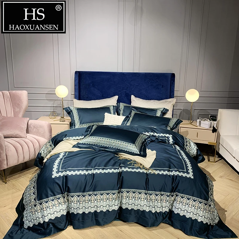 

Luxury 100% Cotton Dark Blue 4pcs Bedding Sets Lace Pattern Digital Print140S Adult Duvet Cover Set Queen King Size Bedclothes