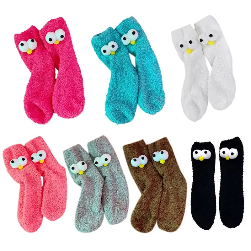

Women Girl Winter Thicken Coral Fleece Floor Long Crew Towel Socks Cute Cartoon Big Eyes Decor Velvet Indoor Tube Hosiery Warmer