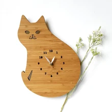 Bamboo Cartoon Wall Clock Home Living Room Wood Digital Wall Clock Children Room Decorative Lovely Cat Wall Clock