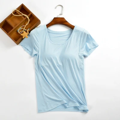 Летняя женская одежда для сна с поясом, футболка с коротким рукавом, беспроводной бюстгальтер, цельный топ с коротким рукавом для отдыха, женские футболки, S-XXL - Цвет: light blue