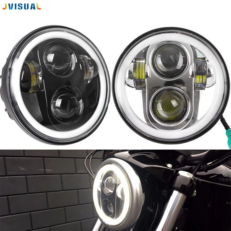 5 75 фары для мотоцикла светодиодные подходят &quotH4 Фары с ангельским глазом Harley Bike