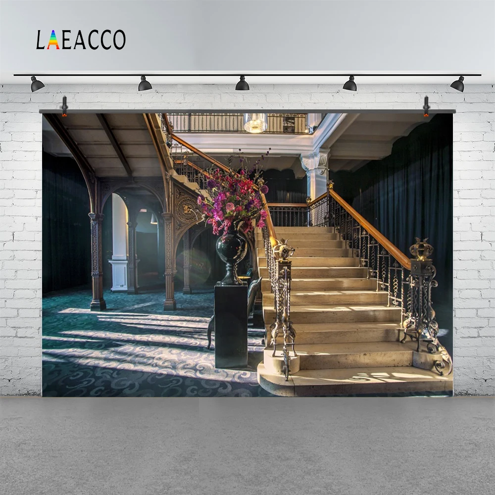 Laeacco Palace Interior Stairs Flowers Arch Door Photography Backgrounds Customized Photographic Backdrops For Photo Studio