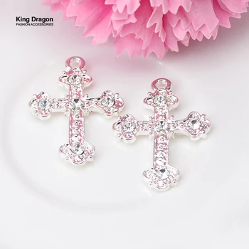 

New Arrival Rhinestone Cross Embellishment Used On Necklace Or KeyChain 30MM*22MM 100PCS/Lot Silver Color KD531