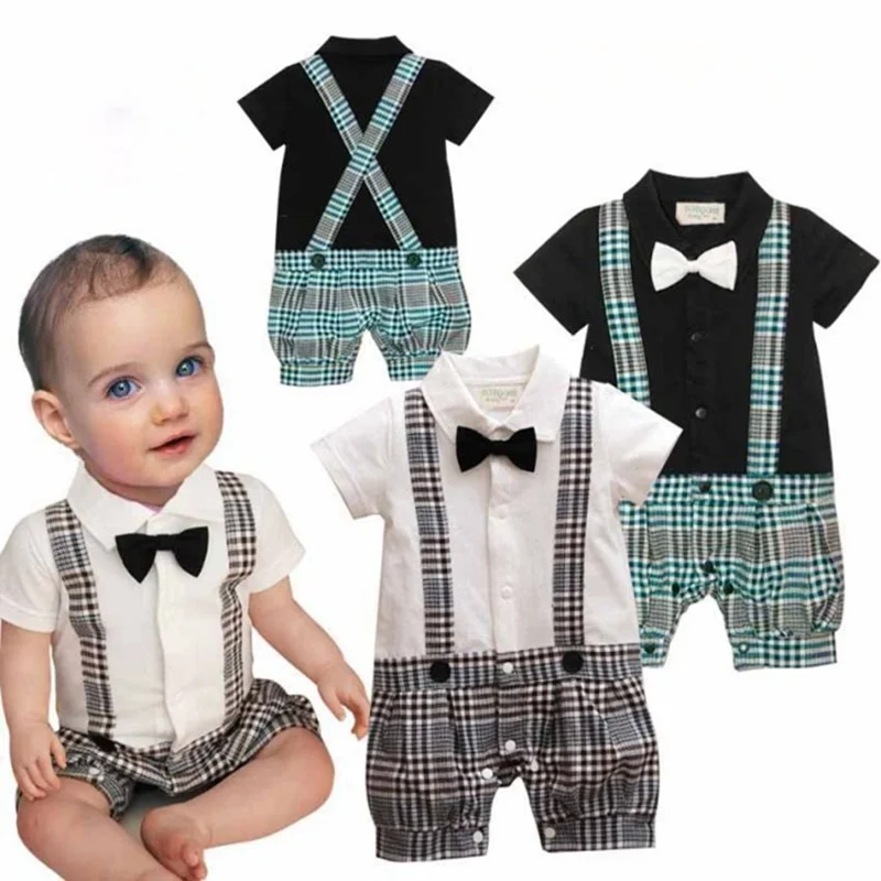 Cute Gentleman Romper Boy Suspenders Bow Tie Overall Infant Jumper 2017 New Born Baby Clothes