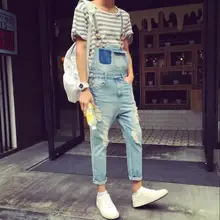 Летние мужские джинсовые штаны с подтяжками прилив небольшой ноги джинсы девять очков отверстие Соединенные подтяжки тонкие мужские брюки