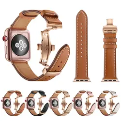 Золото металлическая застежка-бабочка черный кожаный ремешок для Apple Watch Series1 2 3 группа спортивный ремешок умный Браслет ремешок для часов