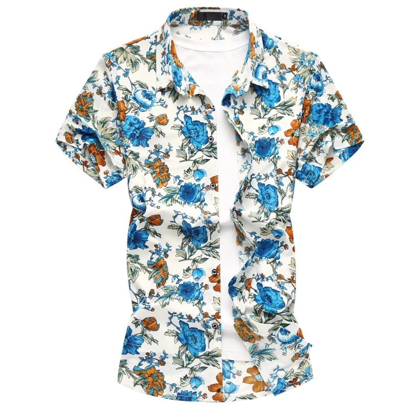 Летние мужские с коротким рукавом пляжный Гавайские рубашки хлопок повседневные цветочные рубашки Новая мужская одежда модная одежда Размер 6XL