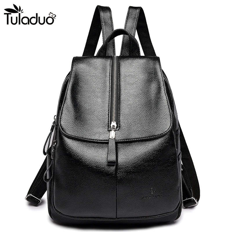 Casual Leather Black Women Backpack Female Middle Size Zipper Student