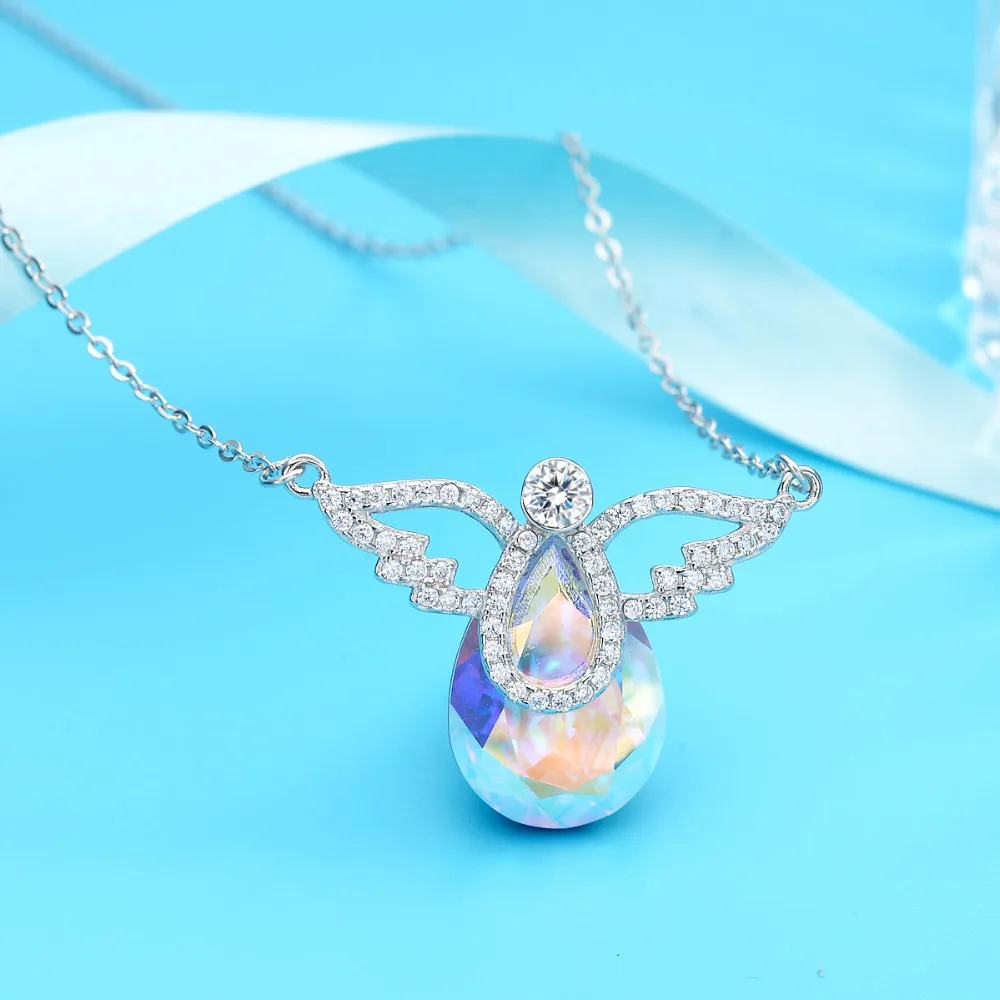 

Bella Fashion 925 Sterling Silver Angel Wing Teardrop Pendant Necklace Cubic Zircon Austrian Crystal Necklace For Party Jewelry