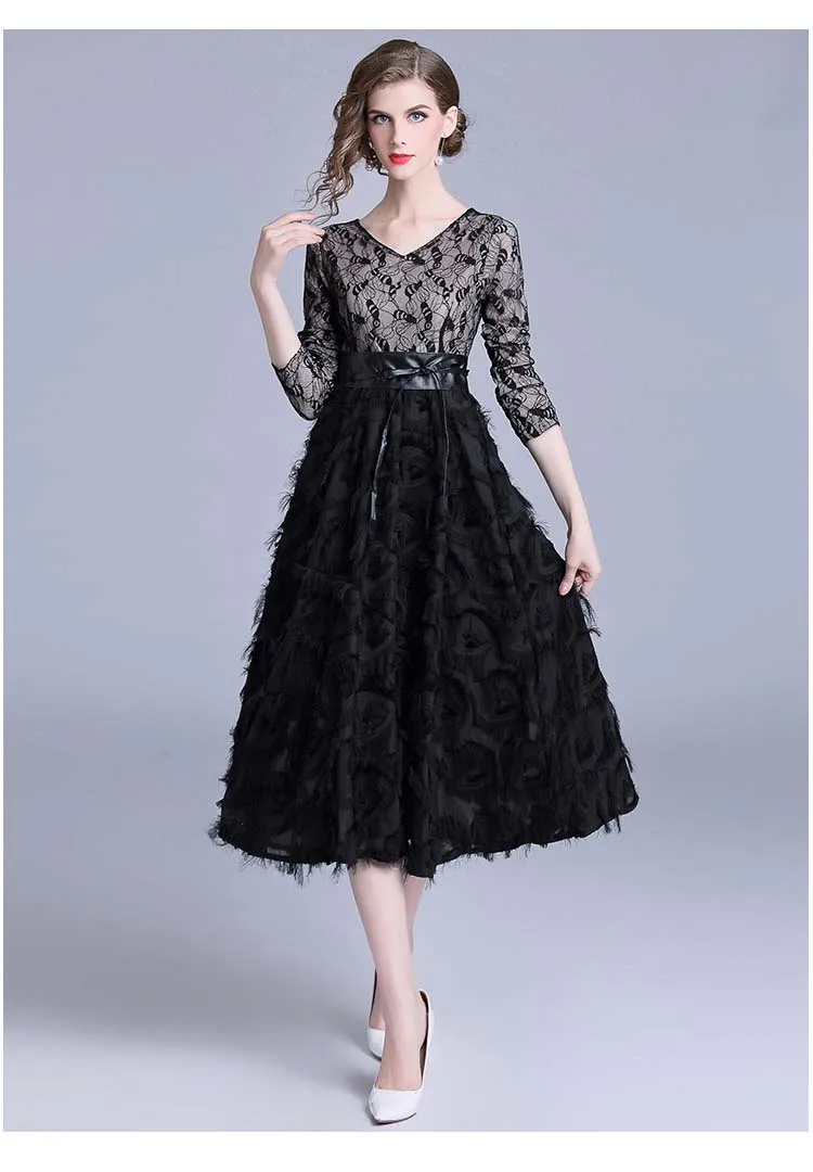 309 Women Dress Elegant Vintage Patchwork Lace Dresses 2018 High Quality Tassel Feathers Slim Women Dresses Evening Party 4