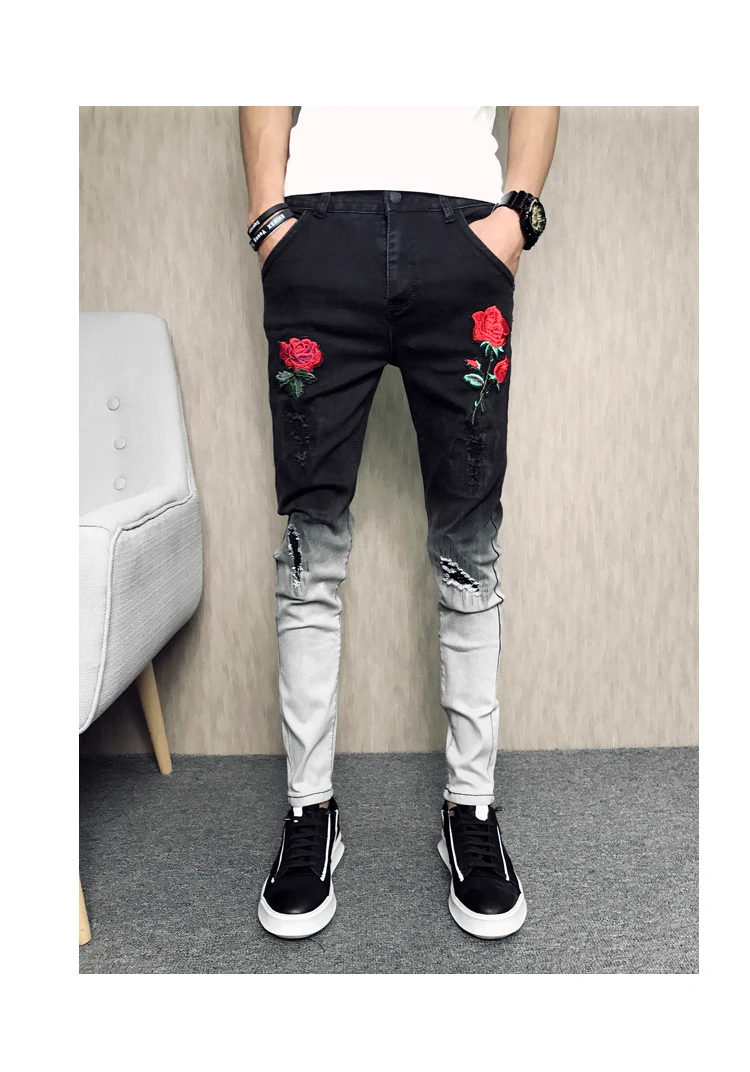 Летние Новые обтягивающие мужские джинсы, модные мужские джинсы с цветочной вышивкой, повседневные облегающие черные джинсы в стиле хип-хоп, мужские брюки 34