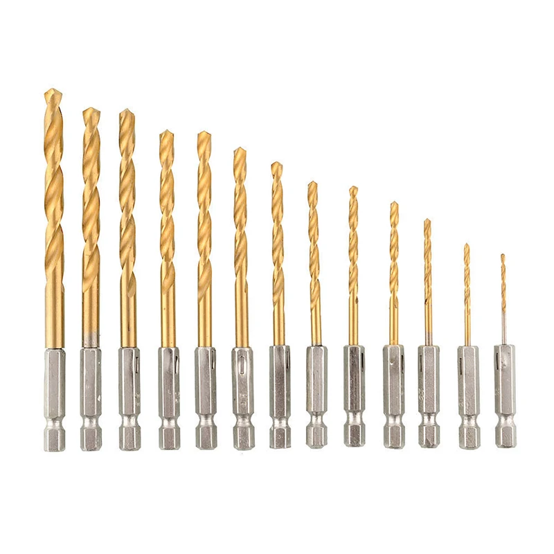 

13Pcs Titanium Coated HSS Twist Drill Bit Set High Quality Drill Accessories With 1/4" Hex Shank For Metal Power Tools 1.5-6.5mm